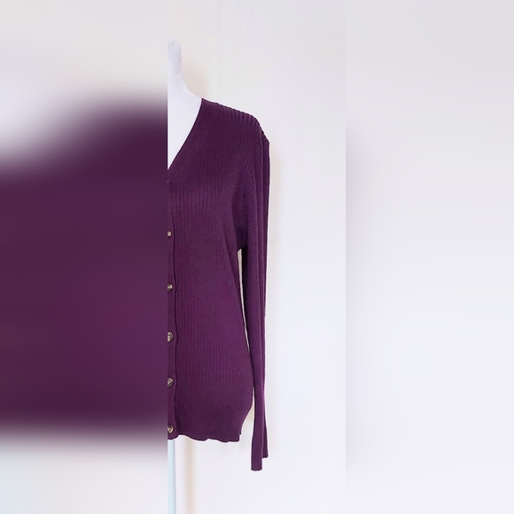 Grace Karin V Neck Button Down Ribbed Knit Cardigan Sweater Size Large Purple - Picture 3 of 8